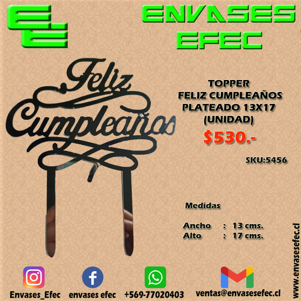 TOPPER FELIZ CUMPLEAÑOS PLATEADO 13X17 UNIDAD Envases EFEC