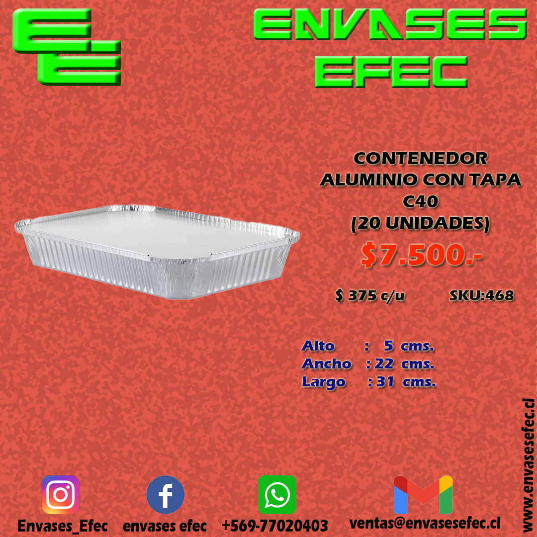 Bandeja / Envase De Aluminio C-40 C/tapa (20 Unidades)