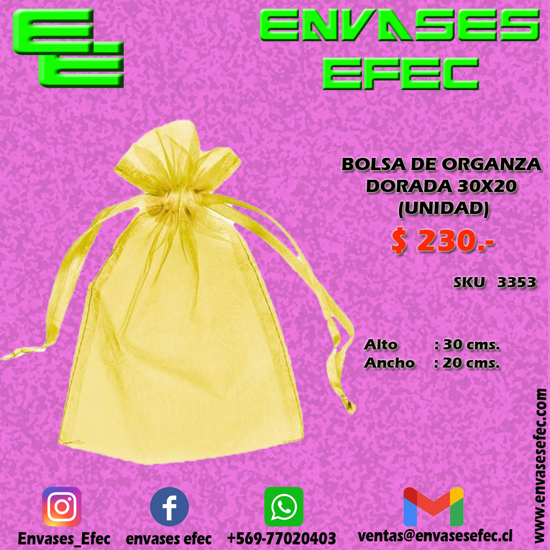 20x30 BOLSA ORGANZA DORADA - Kosaspack - bolsas Kraft, doypack, bolsas de  lujo, cajas de cartón y mucho más.